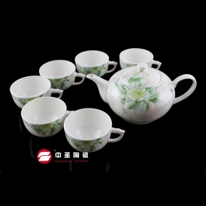 7头骨瓷釉中彩绿霸茶具ZS0095